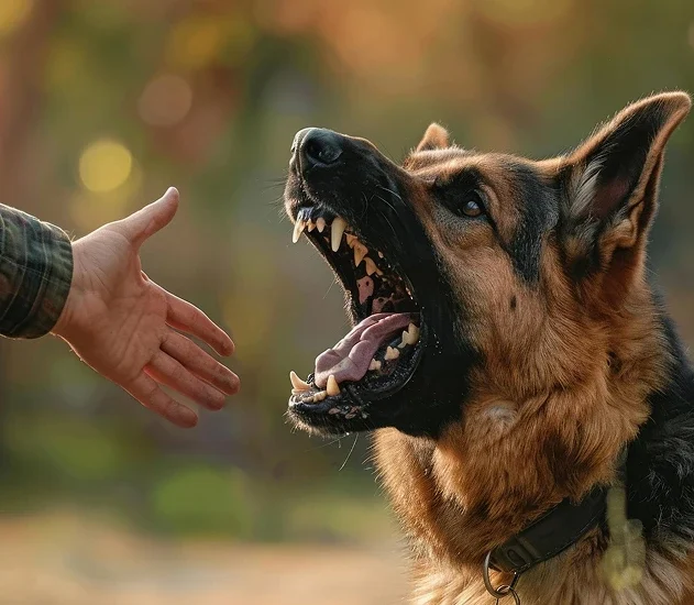 Dog baring its teeth at an outstretched hand