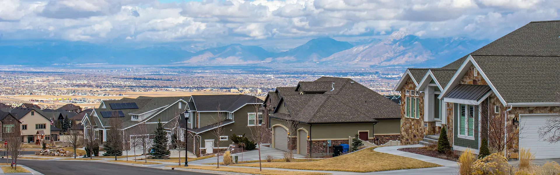 Residential street with mountains in the distance