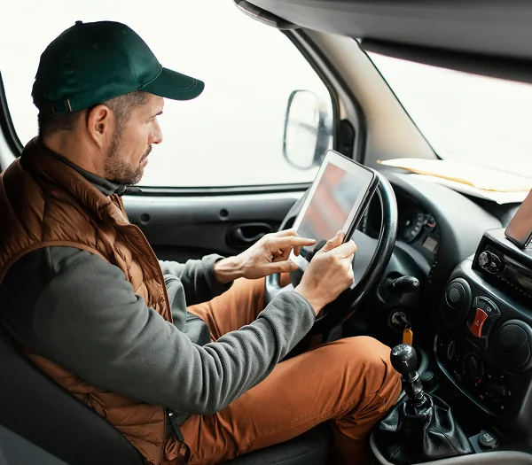 Truck driver reviewing a document while seated behind the wheel