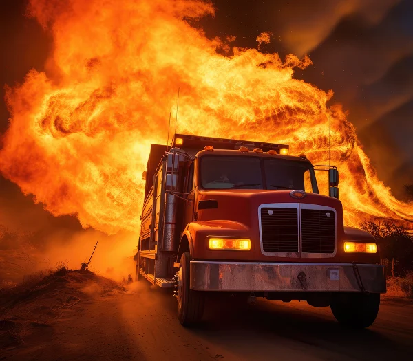 Semi-truck surrounded by flames